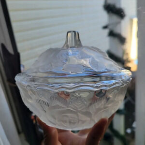 Home Beautiful Winter Rose Covered Candy Dish W/Lid Japan Frosted Roses